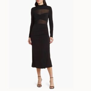 Nordstrom Floret Studios Mesh Panel Long Sleeve Black Midi Dress- S